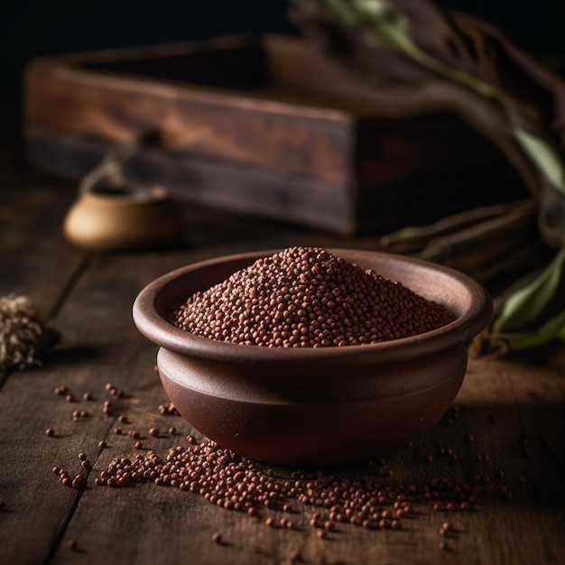 A bowl of millet is on a wooden table with a wooden box in the background.