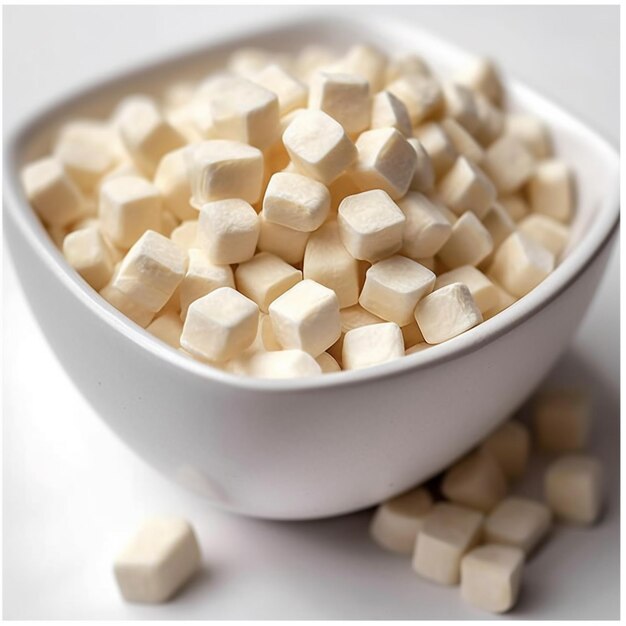 A bowl of mini marshmallows sits next to a bowl of small white marshmallows.