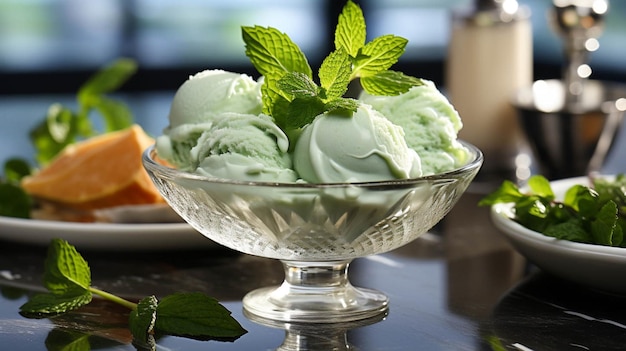 A bowl of mint ice cream on a white marble surface