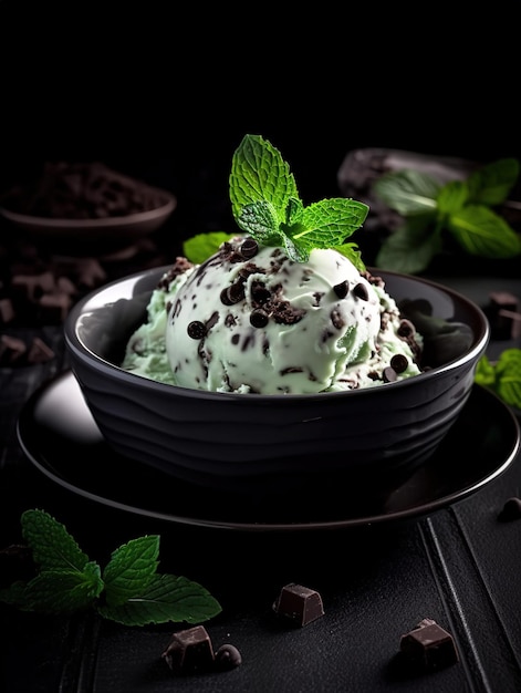 A bowl of mint ice cream with chocolate chips on top.