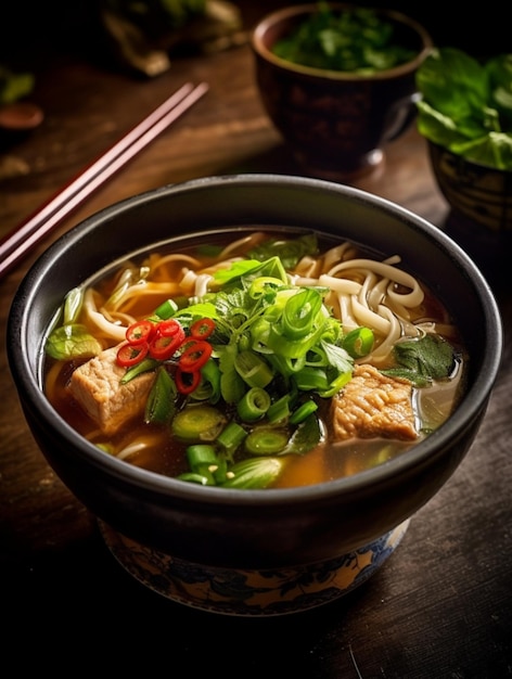 A bowl of miso soup with a bowl of noodles and green onions