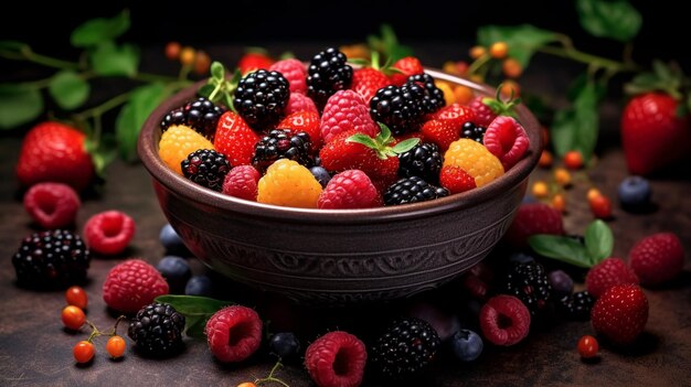 A bowl of mixed berries including raspberries and blackberries