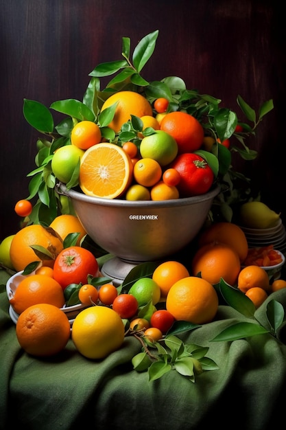 A bowl of mixed citrus fruits including oranges and tangerines