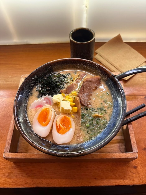 Bowl of mouth watering japanese ramen for single serving