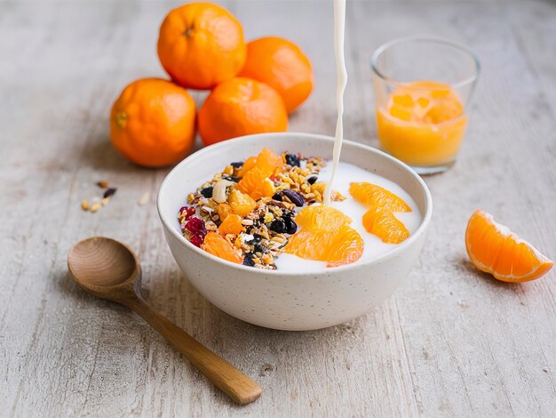 bowl of muesli with fresh tangerines