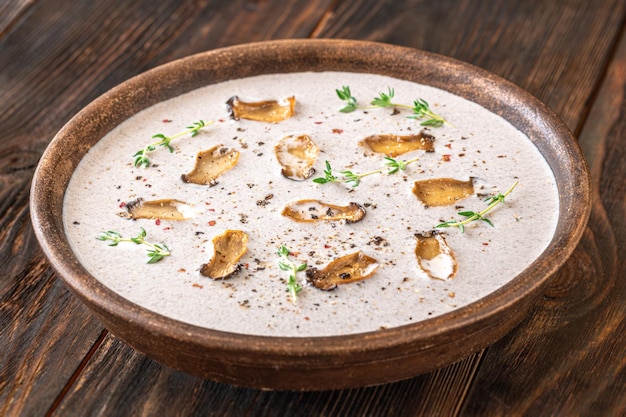 Bowl of mushroom cream soup garnished with eryngii