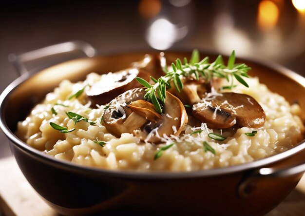 Bowl of mushroom risotto rice on wooden tableAI Generative