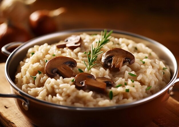 Bowl of mushroom risotto rice on wooden tableAI Generative