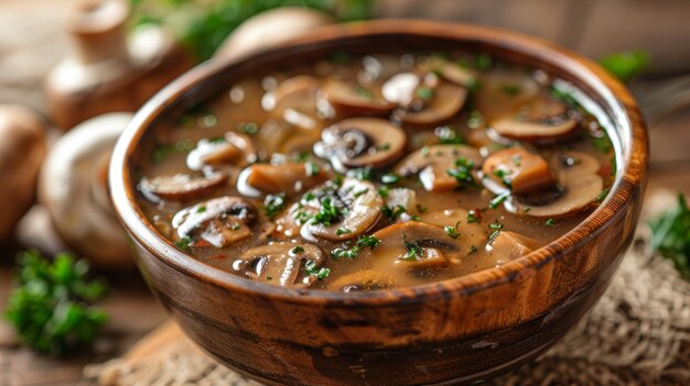 Photo a bowl of mushroom soup with bright and rich color wafting aroma prominent protagonist and white background32k ar 169 style raw stylize 750 job id eeee417551a941dbb66332ff09fe6dfc