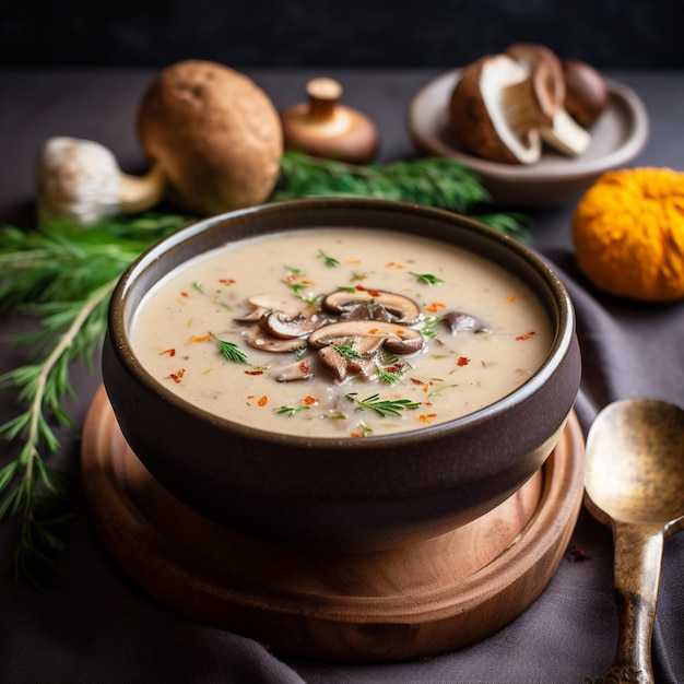 A bowl of mushroom soup with a spoon next to it.