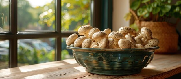 Bowl of Mushrooms on Window Sill