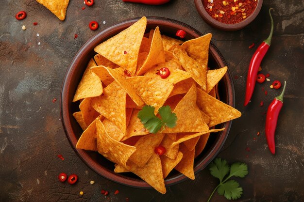 Bowl nachos chips with spices and chili pepper Tortilla chips Corn chips Top view