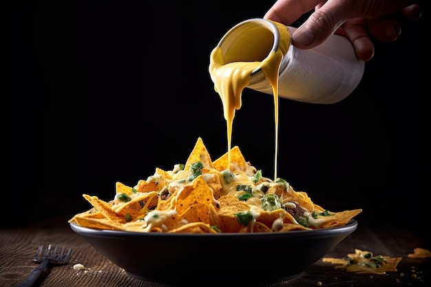 Photo a bowl of nachos with a black background