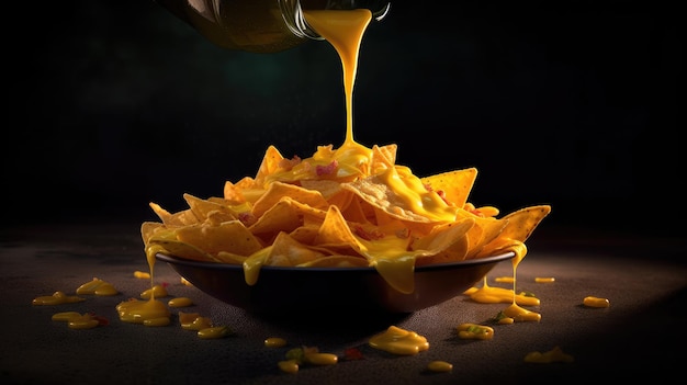 A bowl of nachos with cheese sauce being poured over it.