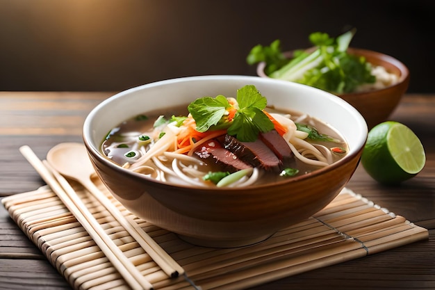 A bowl of noodle soup with a bowl of green vegetables on a table.