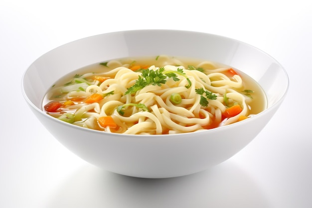 A bowl of noodle soup with carrots and celery