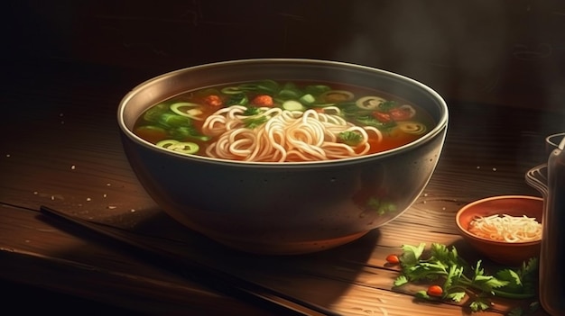 A bowl of noodle soup with chopsticks and a bowl of green onionsgenerative ai