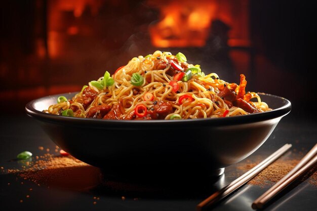 a bowl of noodles and chopsticks on a table