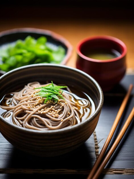 a bowl of noodles and chopsticks on a table