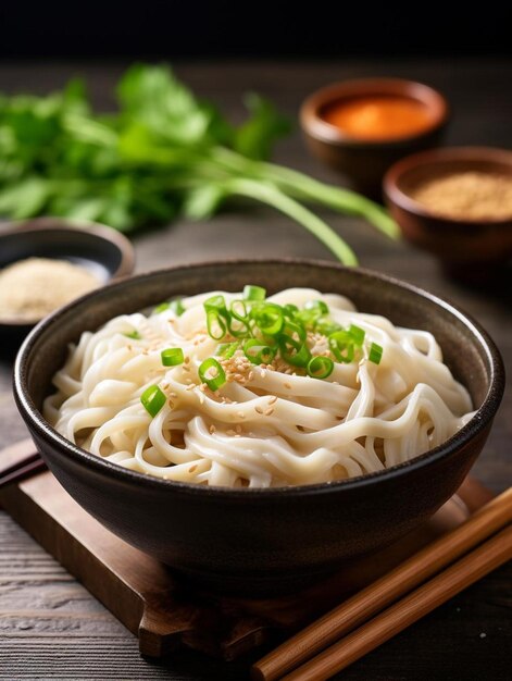 a bowl of noodles and chopsticks on a table