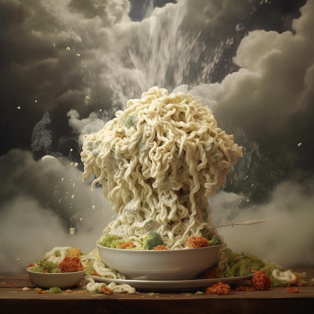 A bowl of noodles exploding