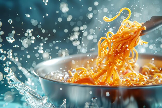 bowl of noodles is splashing in water