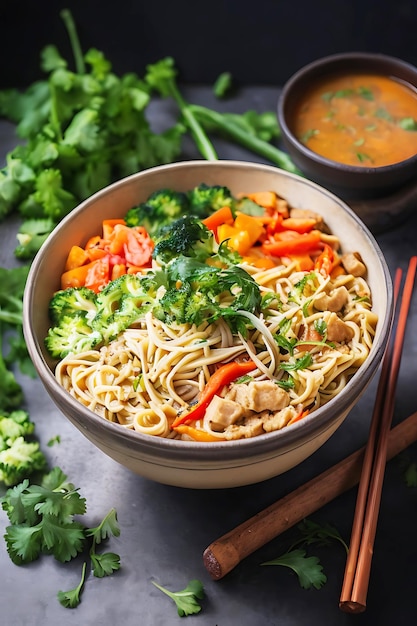 A bowl of noodles Served with vegetables and herbs