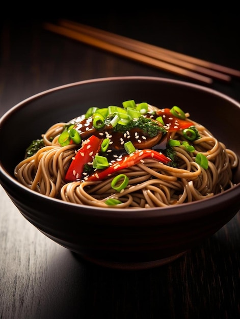 Photo a bowl of noodles and vegetables with chopsticks