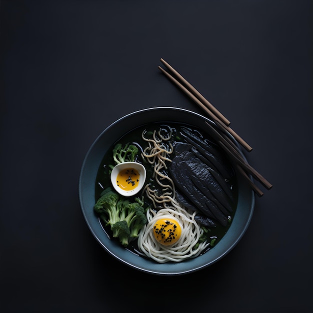 A bowl of noodles with a black bird on the side.