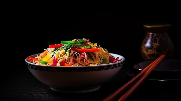 A bowl of noodles with a bottle of beer on the side.