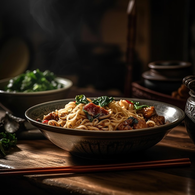 A bowl of noodles with a bowl of green leafy vegetables on a table.