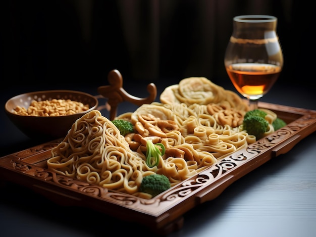 a bowl of noodles with a bowl of noodles and broccoli.