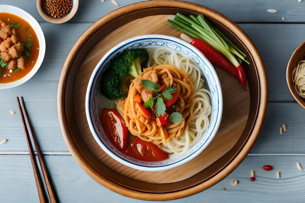 a bowl of noodles with a bowl of noodles and vegetables.