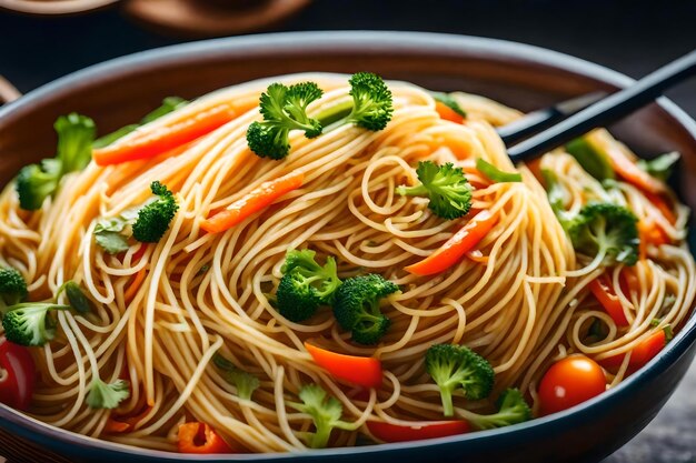 A bowl of noodles with carrots and broccoli