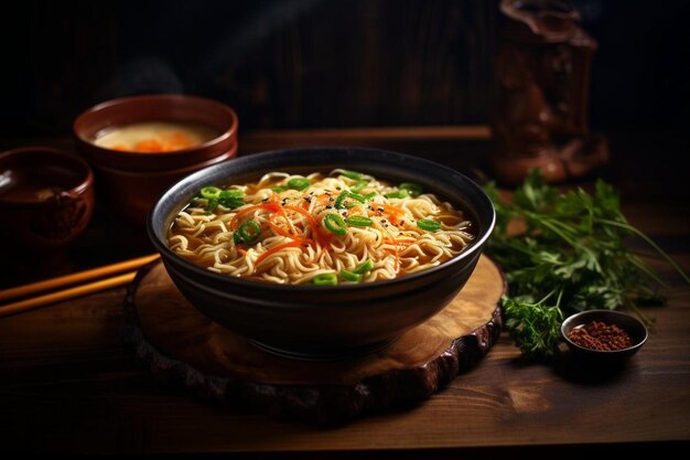 a bowl of noodles with carrots and green onions