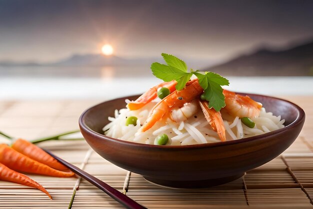 Photo a bowl of noodles with carrots and rice with a spoon.