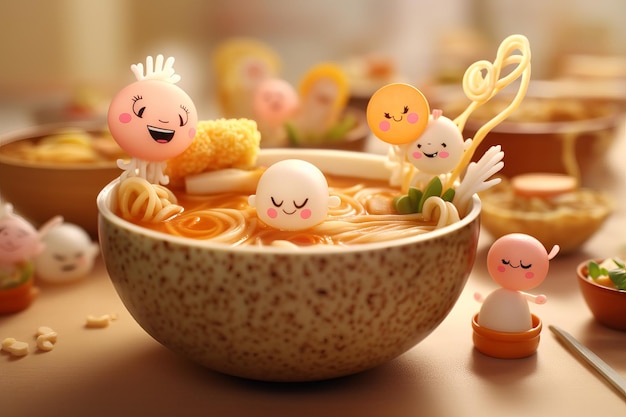 A bowl of noodles with a cartoon character on it