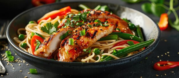 Foto una ciotola di tagliatelle con petto di pollo, fagioli verdi e peperoncino.