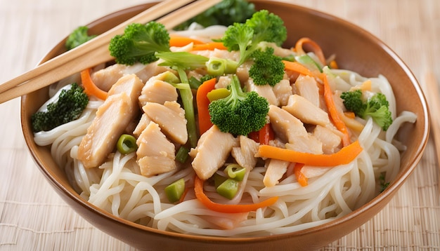 a bowl of noodles with chicken broccoli carrots and noodles