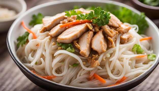 Photo a bowl of noodles with chicken and noodles and broth