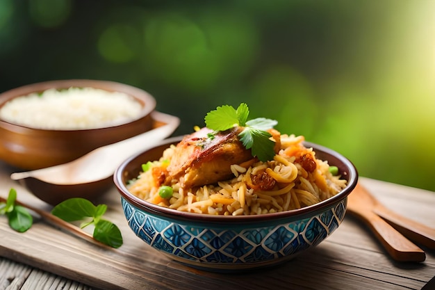 a bowl of noodles with chicken and noodles on a wooden table