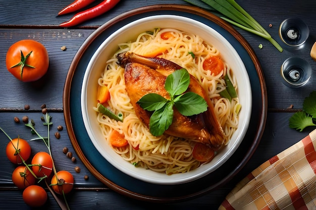 A bowl of noodles with chicken and vegetables on a table.