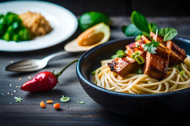 a bowl of noodles with chicken and vegetables