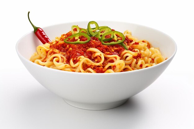 a bowl of noodles with chili and jalapeno peppers