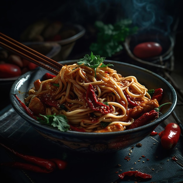 A bowl of noodles with chopsticks and a bowl of red pepper sauce.