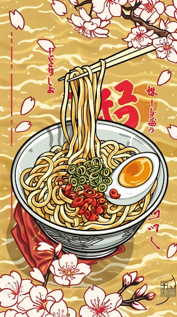 Photo bowl of noodles with chopsticks and egg