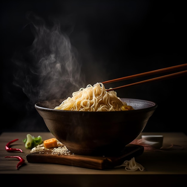 A bowl of noodles with chopsticks and a pair of chopsticks.