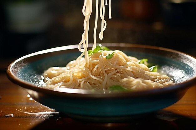 a bowl of noodles with chopsticks sticking out of it