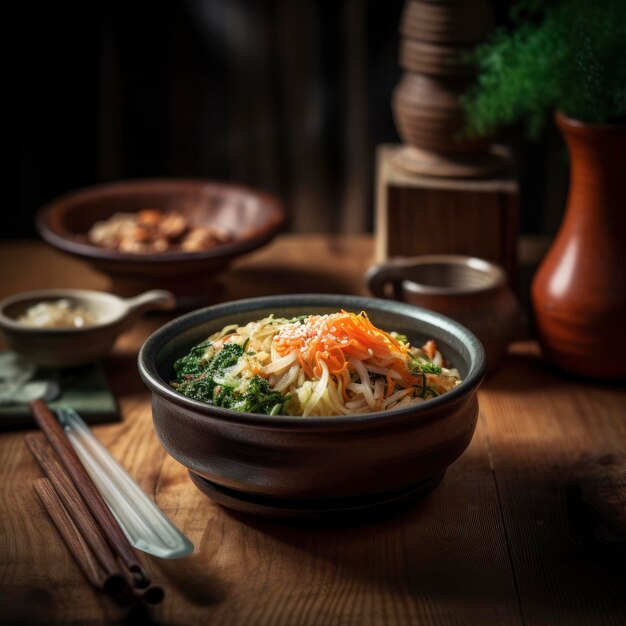 A bowl of noodles with a chopsticks on the table.