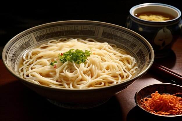 a bowl of noodles with chopsticks on a table